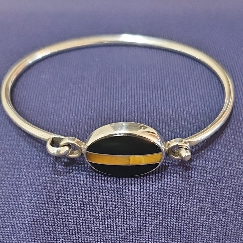 Vintage CII 925 Sterling Silver Black Onyx & Tiger Eye Bracelet